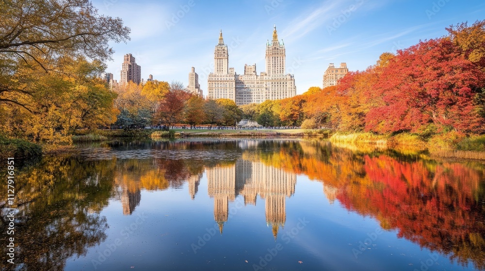 Obraz premium 30.A captivating autumn view of a pond in Central Park, bordered by trees with golden, red, and orange leaves. The reflections of the fall colors in the water create a mirror-like effect. Sunlight