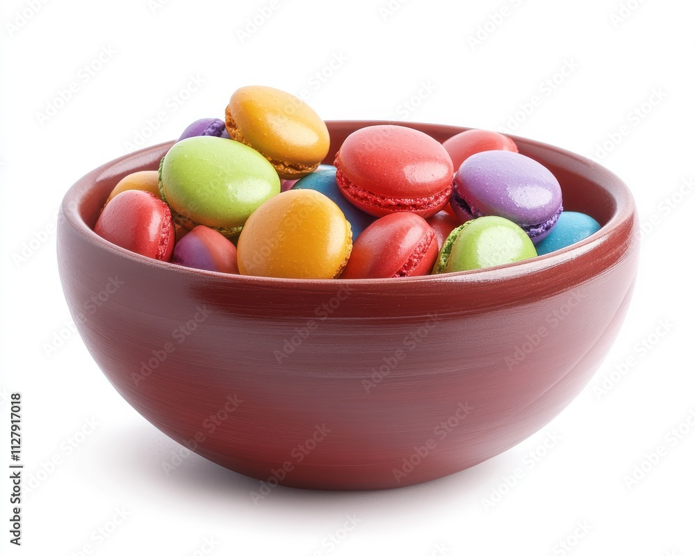 Colorful Macarons in a Brown Bowl on White Background, Perfect for Aesthetic Food Photography and Sweet Treat Displays for Baking and Events Colorful Macarons in a Brown Bowl on White Background, Perfect for Aesthetic Food Photography and Sweet Treat Displays for Baking and Events