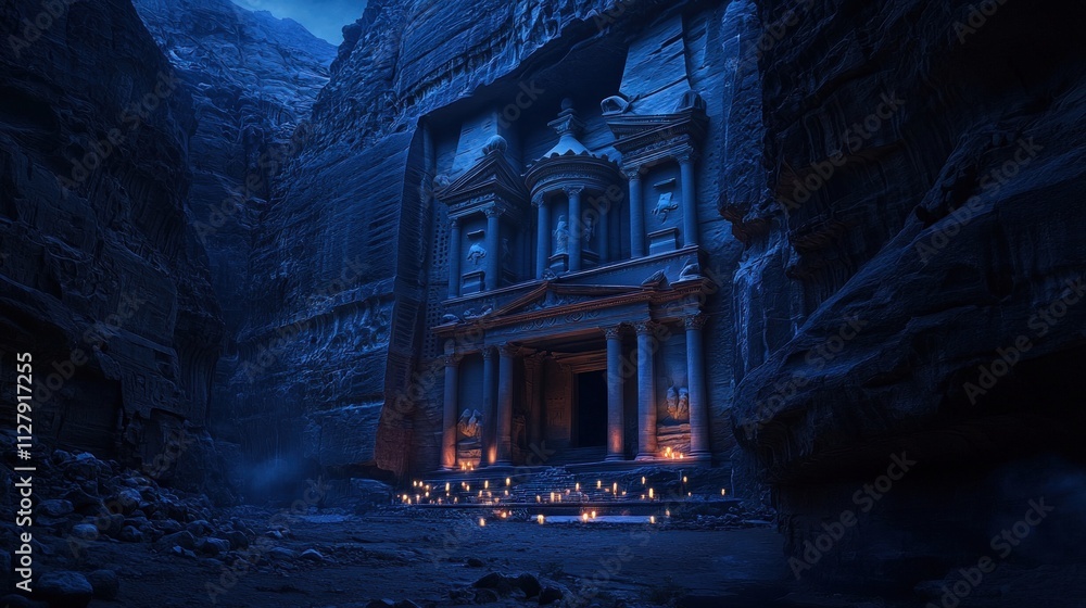 Nighttime Petra, candles illuminate ancient facade. Nighttime Petra, candles illuminate ancient facade.