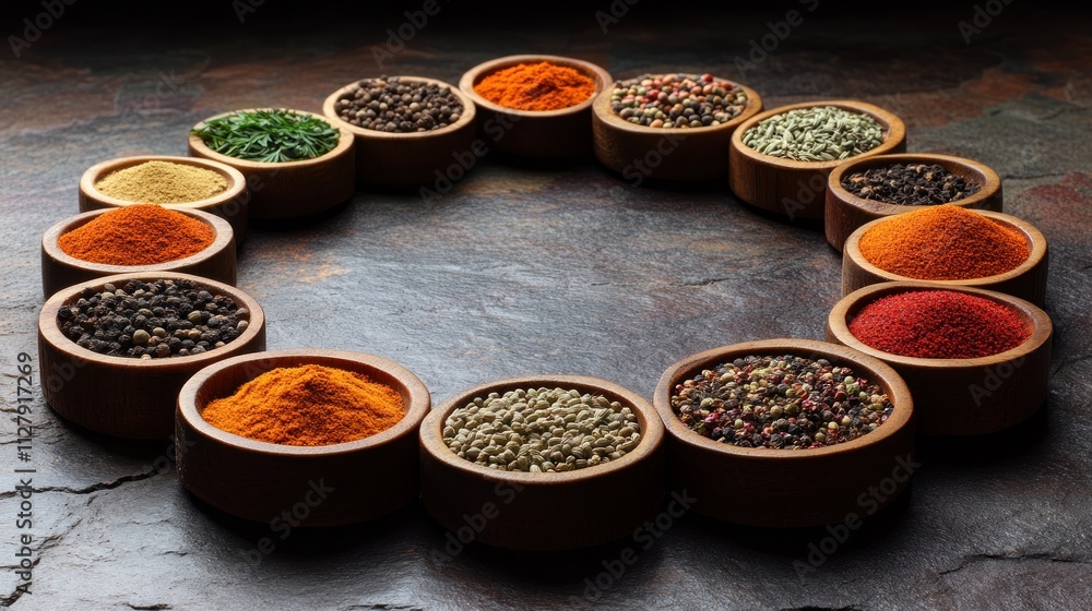 Aromatic spices arranged in wooden bowls forming a circle on a dark stone background. Aromatic spices arranged in wooden bowls forming a circle on a dark stone background.