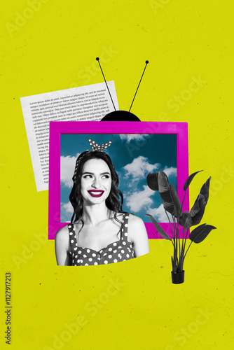 Sketch image trend artwork montage photo collage of young woman pinup style portrait smile tv monitor antenna page book text plant flower photo