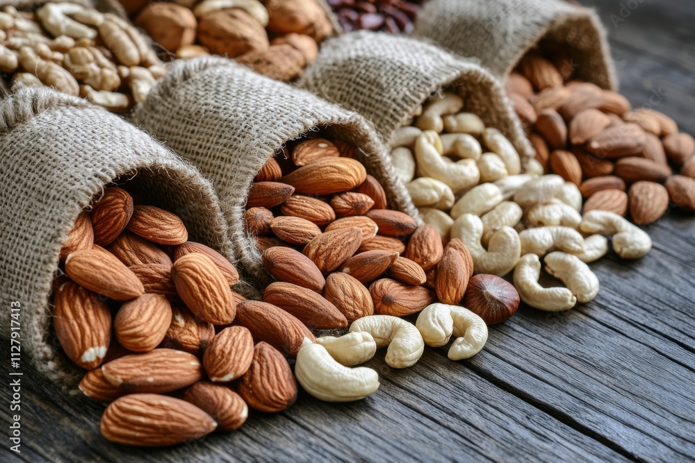 Discovering a variety of nuts spread out on rustic wooden surface captivating food arrangement natural setting close-up perspective inviting concept Discovering a variety of nuts spread out on rustic wooden surface captivating food arrangement natural setting close-up perspective inviting concept