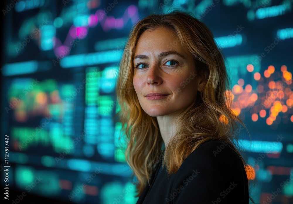 Confident Business Woman in Front of Digital Wall of Stock Market Data and Financial Graphs, Representing Technology and Investment Insights in Modern Finance Confident Business Woman in Front of Digital Wall of Stock Market Data and Financial Graphs, Representing Technology and Investment Insights in Modern Finance