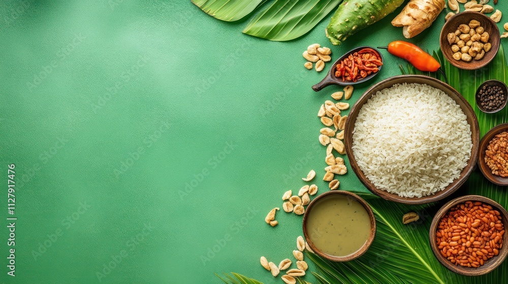 Ingredients and spices arranged on a green background for cooking. Ingredients and spices arranged on a green background for cooking.