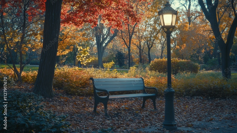 7.An empty bench in a public garden during autumn, with the surrounding trees displaying vibrant hues of red, orange, and yellow. The scene is illuminated by gentle sunlight, casting warm tones 7.An empty bench in a public garden during autumn, with the surrounding trees displaying vibrant hues of red, orange, and yellow. The scene is illuminated by gentle sunlight, casting warm tones