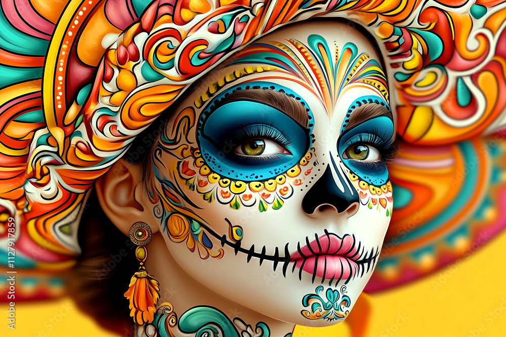 A woman with a vibrant and colorful face paint and a colorful hat is the main focus of the image. The woman's face is adorned with intricate designs and patterns, which give her a unique A woman with a vibrant and colorful face paint and a colorful hat is the main focus of the image. The woman's face is adorned with intricate designs and patterns, which give her a unique
