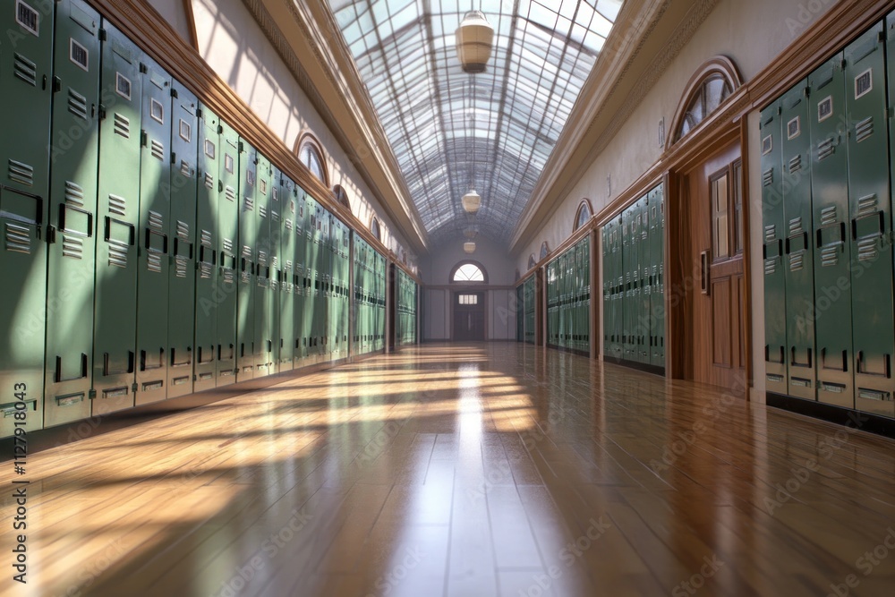 Sunlit school hallway with lockers and wooden floor. Sunlit school hallway with lockers and wooden floor.