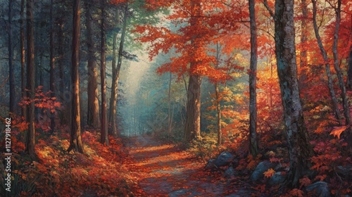 79.A narrow path lined with towering trees dressed in vivid autumn colors of red, orange, and yellow. Fallen leaves create a colorful mosaic along the path, while sunlight gently pierces through the