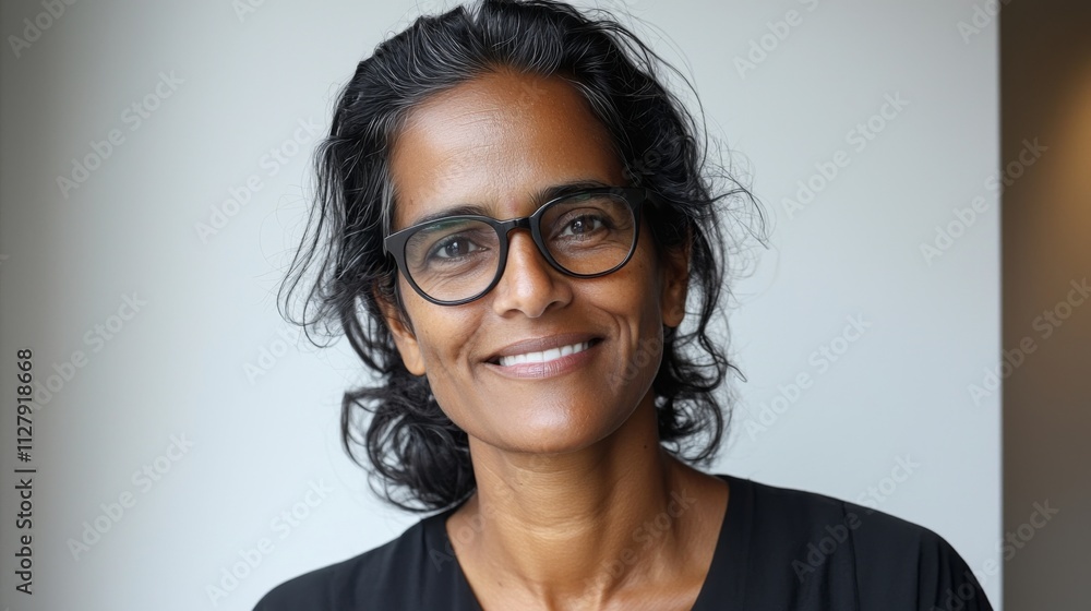 Smiling woman with glasses in casual attire poses indoors against a neutral background Smiling woman with glasses in casual attire poses indoors against a neutral background