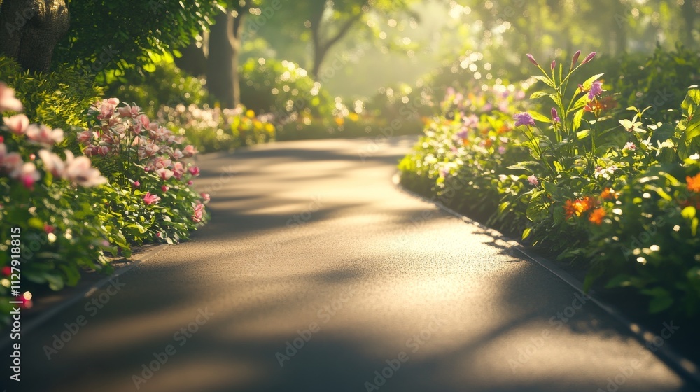 50.A peaceful, empty garden street with smooth tarmac flooring, illuminated by the soft light of sunrise. The surrounding plants and flowers are vibrant and dewy, with sunlight casting long shadows 50.A peaceful, empty garden street with smooth tarmac flooring, illuminated by the soft light of sunrise. The surrounding plants and flowers are vibrant and dewy, with sunlight casting long shadows