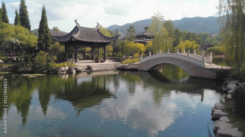 Obraz premium 55.A peaceful landscape of Black Dragon Pool Park in Lijiang Old Town, with a majestic Chinese pavilion and pagoda surrounded by lush greenery and tall trees. The stone arch bridge curves gracefully