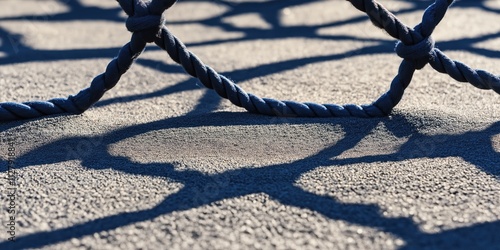 An artistic depiction of ropes interwoven and casting intricate shadows on a surface, creating a visually striking composition that highlights lines and shapes in an abstract manner. photo