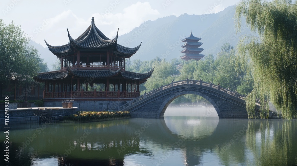 52.A picturesque view of Black Dragon Pool Park in Lijiang Old Town, showcasing an ornate Chinese pavilion perched by the tranquil waters, with an arched stone bridge leading toward it. The 52.A picturesque view of Black Dragon Pool Park in Lijiang Old Town, showcasing an ornate Chinese pavilion perched by the tranquil waters, with an arched stone bridge leading toward it. The