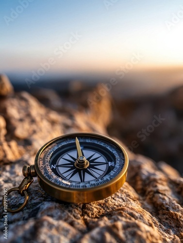 compass traveler navigation tool morning Concept. Compass resting on rocks during sunset. photo