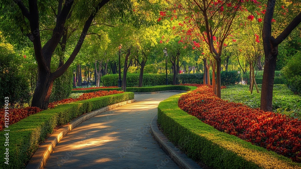 58.A quiet, inviting path in Queen Sirikit Park, Bangkok, lined with well-manicured hedges and flowering shrubs. The walkway curves gently through the park, with patches of sunlight breaking through 58.A quiet, inviting path in Queen Sirikit Park, Bangkok, lined with well-manicured hedges and flowering shrubs. The walkway curves gently through the park, with patches of sunlight breaking through