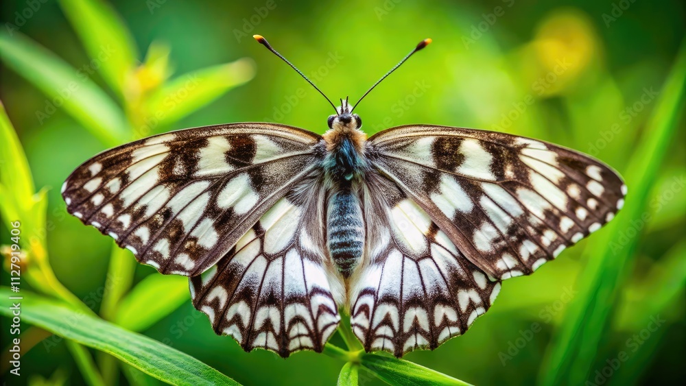 Asymmetrical wings of a Galathea Melanargia butterfly; a high-resolution macro shot revealing intricate nature's artistry. Asymmetrical wings of a Galathea Melanargia butterfly; a high-resolution macro shot revealing intricate nature's artistry.