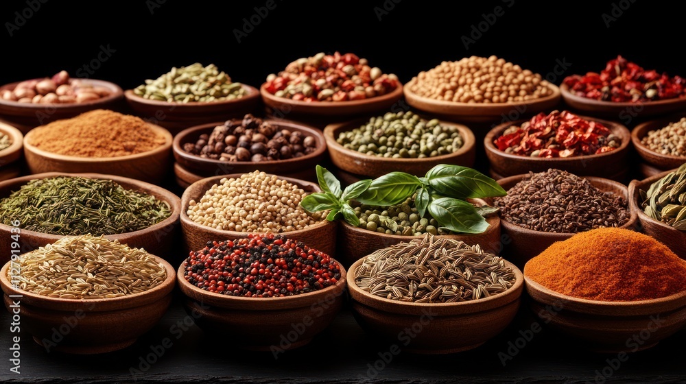 Aromatic spices in wooden bowls. Aromatic spices in wooden bowls.