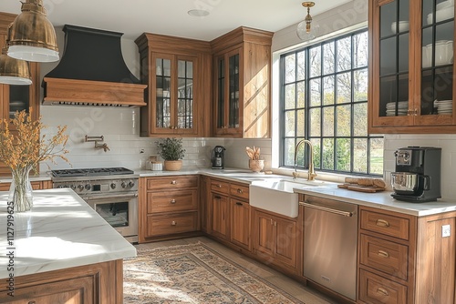 Sunlit kitchen with walnut cabinets, farmhouse sink, and marble island.