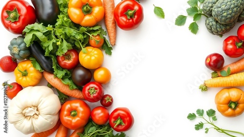 Fototapeta Naklejka Na Ścianę i Meble -  Fresh, colorful assortment of fruits and vegetables neatly arranged on a white wooden background top view with copy space, fresh, fruits