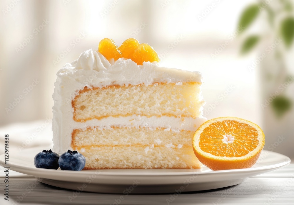 Delightful slice of vanilla cake topped with orange segments and blueberries, set against a softly blurred background for a delightful dessert presentation Delightful slice of vanilla cake topped with orange segments and blueberries, set against a softly blurred background for a delightful dessert presentation
