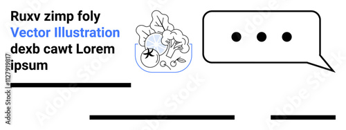Text block with heading, blue Vector Illustration text, doodle vegetables, large speech bubble with ellipsis. Ideal for web design, educational content, infographics, tutorials, marketing, social