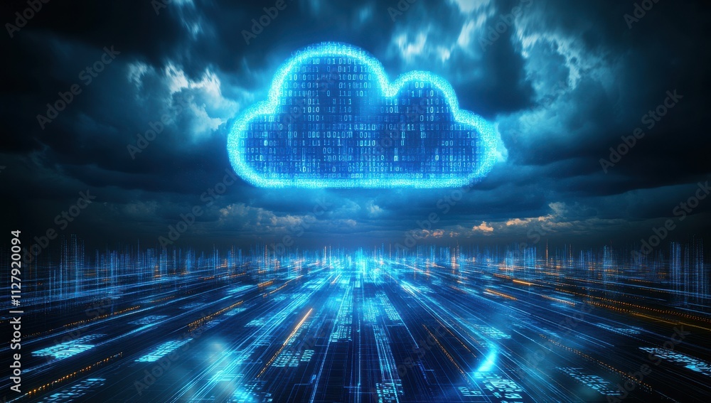 Digital Cloud Computing Concept with Binary Code Over Abstract Background of Dark Stormy Sky and Futuristic Data Flow in Cyber World Digital Cloud Computing Concept with Binary Code Over Abstract Background of Dark Stormy Sky and Futuristic Data Flow in Cyber World