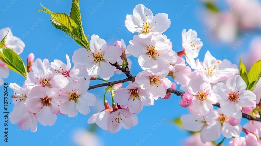 Obraz premium 90.A selective focus on cherry blossom branches covered in soft, pink blooms under a crisp blue sky. The delicate petals create a vibrant yet soothing pattern against the sky, with sunlight casting