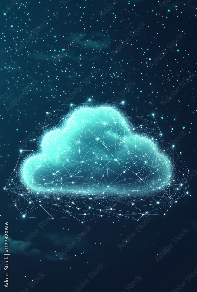 Digital Cloud Forming in Night Sky with Sparkling Stars and Network Connections for Technology and Science Concepts Digital Cloud Forming in Night Sky with Sparkling Stars and Network Connections for Technology and Science Concepts