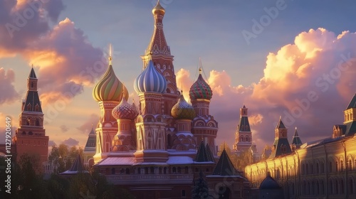 Sunset illuminates St. Basil's Cathedral, Moscow. photo