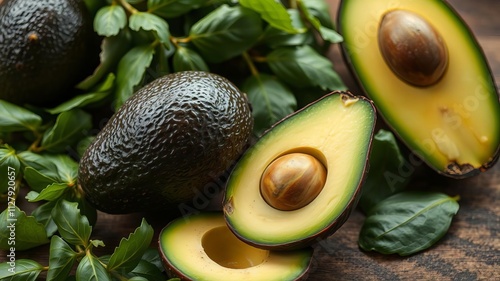 Fresh ripe avocado cut in half with pit removed, isolated on white background, healthy, ingredient photo