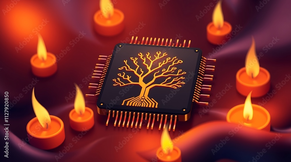 Fototapeta premium A glowing tree-like circuit pattern emerging from a black microchip, symbolizing the concept of technology, growth, and innovation