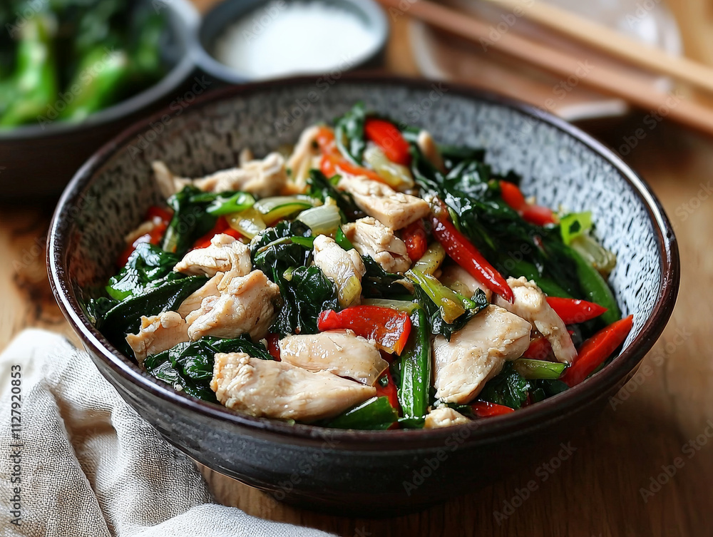 colorful chicken and vegetable stir fry in bowl, showcasing fresh ingredients and vibrant colors colorful chicken and vegetable stir fry in bowl, showcasing fresh ingredients and vibrant colors