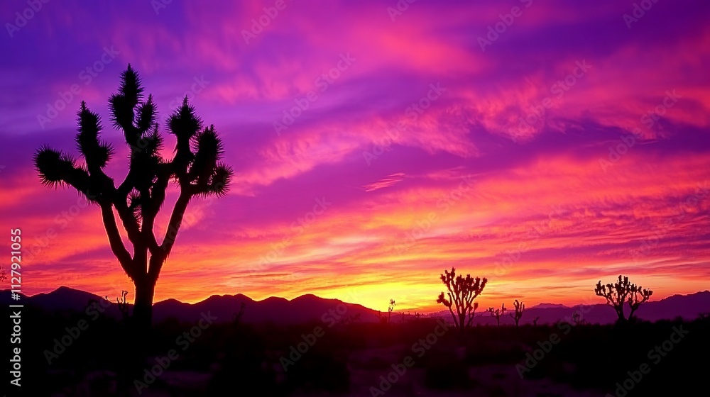 66.A serene sunrise over the desert landscape in Joshua Tree National Park, with Joshua trees standing tall against the glowing horizon. The desert is cast in a warm, golden light, with the