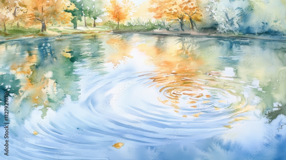 16.A serene watercolor painting of a park lake, featuring calm water reflecting nearby trees and a soft blue sky. Gentle brush strokes depict the ripples on the lake, with green and golden leaves 16.A serene watercolor painting of a park lake, featuring calm water reflecting nearby trees and a soft blue sky. Gentle brush strokes depict the ripples on the lake, with green and golden leaves
