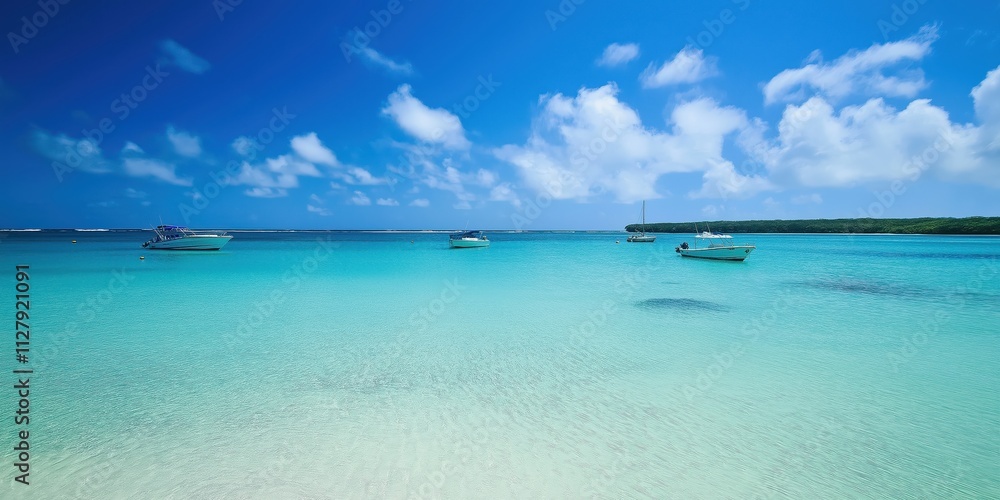 A picturesque seascape showing boats anchored in clear turquoise waters, under a bright blue sky, creating a serene and tranquil atmosphere ideal for relaxation. A picturesque seascape showing boats anchored in clear turquoise waters, under a bright blue sky, creating a serene and tranquil atmosphere ideal for relaxation.
