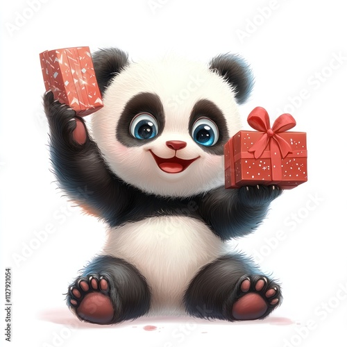 Adorable baby panda holding two gifts. photo