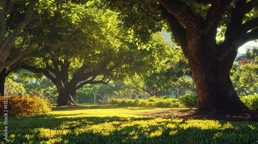 44.A sunlit view of Kapiolani Park in Hawaii, showcasing vibrant greenery and large, leafy trees. Sunlight filters softly through the tree canopy, casting warm, natural light across the park and 44.A sunlit view of Kapiolani Park in Hawaii, showcasing vibrant greenery and large, leafy trees. Sunlight filters softly through the tree canopy, casting warm, natural light across the park and