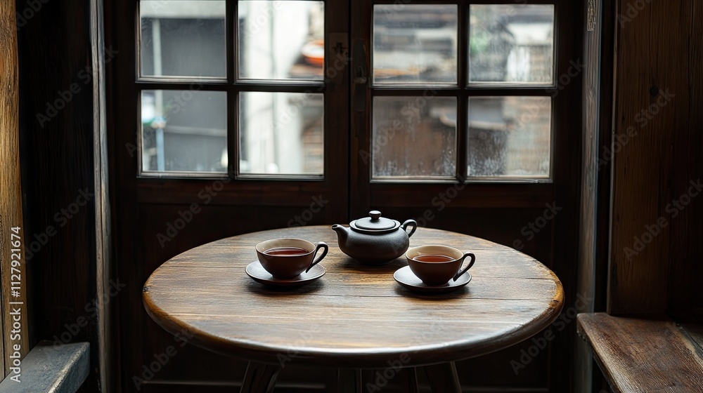 Fototapeta premium Tranquil Tea Setting at a Wooden Table Beside a Window