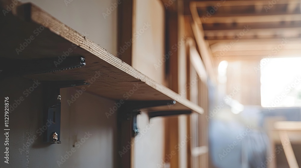 Wooden Shelf Installation with Metal Brackets in Construction Setting Wooden Shelf Installation with Metal Brackets in Construction Setting