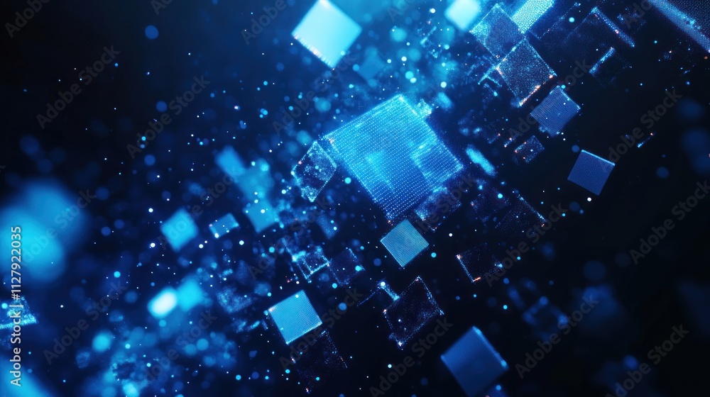 Abstract blue glowing cubes and particles in motion.