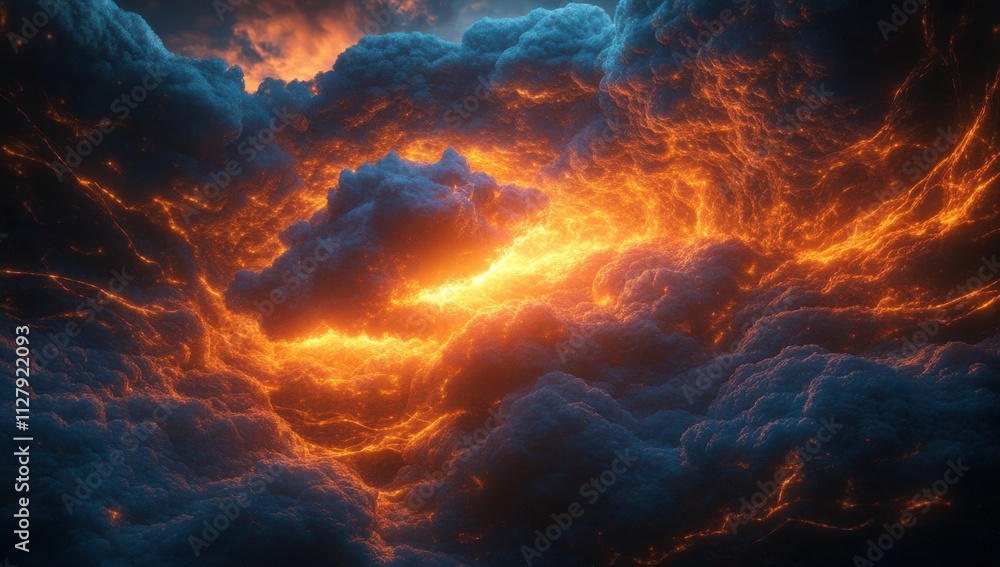 Dramatic Cloudscape with Fiery Orange Glow and Dark Blue Hues Capturing the Majesty of Nature’s Energy and the Intricacies of Atmospheric Phenomena Dramatic Cloudscape with Fiery Orange Glow and Dark Blue Hues Capturing the Majesty of Nature’s Energy and the Intricacies of Atmospheric Phenomena