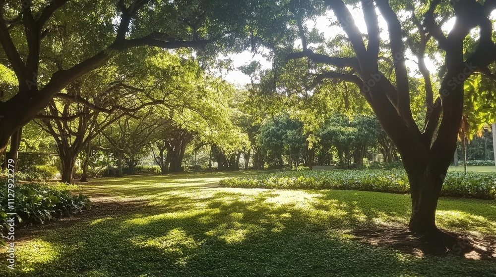 41.A view of Kapiolani Park in Hawaii, showcasing dense green foliage and sunlight filtering through a canopy of large trees. The rich greenery is vibrant and lush, with rays of sunlight creating 41.A view of Kapiolani Park in Hawaii, showcasing dense green foliage and sunlight filtering through a canopy of large trees. The rich greenery is vibrant and lush, with rays of sunlight creating