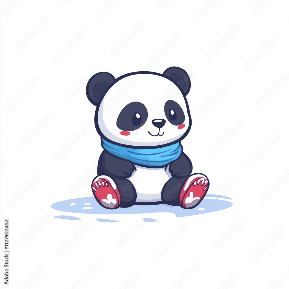 Cute cartoon panda wearing a scarf sitting on snow. Cute cartoon panda wearing a scarf sitting on snow.
