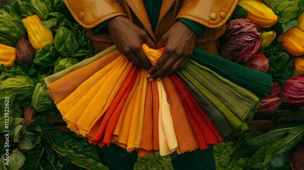 Fototapeta premium Autumnal Fabric Swatches with Fall Vegetables Greens