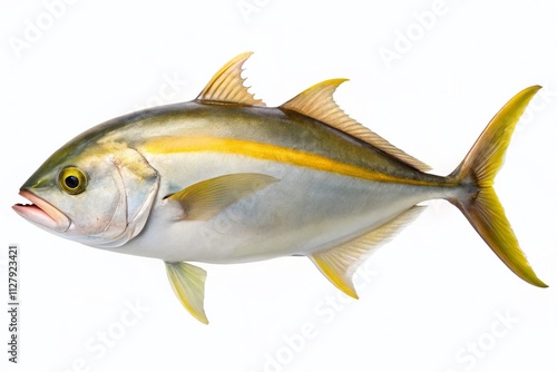 Stunning Yellowtail Amberjack Fish Isolated on a Clean White Background for Culinary and Marine Life Illustrations, Educational Uses, and Seafood Industry Applications photo