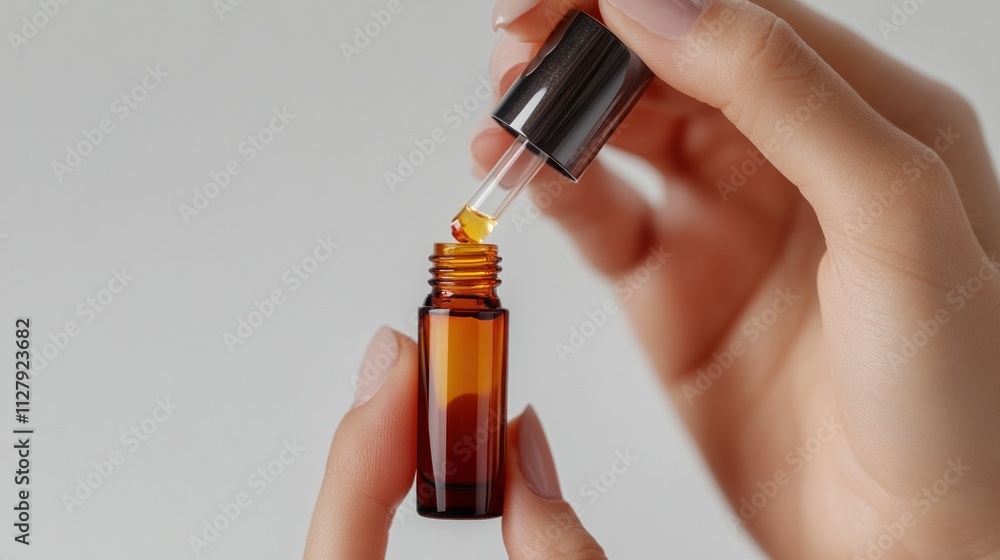Create a close-up image of a woman using a 5ml amber-colored roll-on bottle. The bottle is inverted with the bottom facing up and the rollerball at the bottom, directly touching her wrist ( no fing). Create a close-up image of a woman using a 5ml amber-colored roll-on bottle. The bottle is inverted with the bottom facing up and the rollerball at the bottom, directly touching her wrist ( no fing).