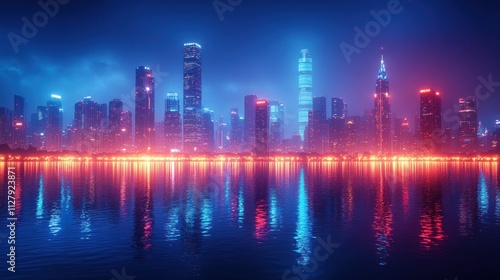 Neon-lit cityscape at night reflected in calm water.