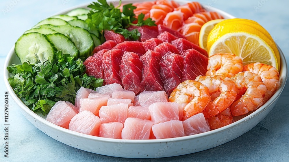 Assorted fresh sashimi platter with salmon, tuna, shrimp, and cucumber. Assorted fresh sashimi platter with salmon, tuna, shrimp, and cucumber.