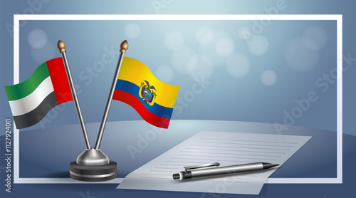 United Arab Emirate and Ecuador National flags on small table with bokeh background, cooperative relationship