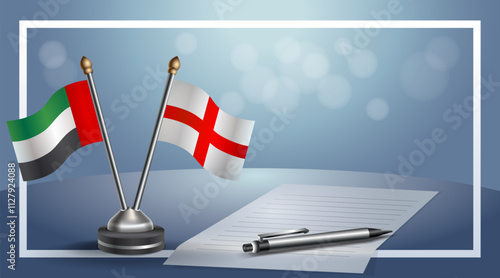 United Arab Emirate and England National flags on small table with bokeh background, cooperative relationship